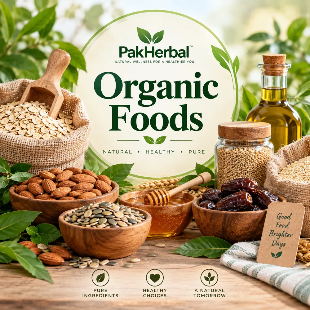 Organic Foods with oats, almonds, seeds, honey, dates and natural ingredients