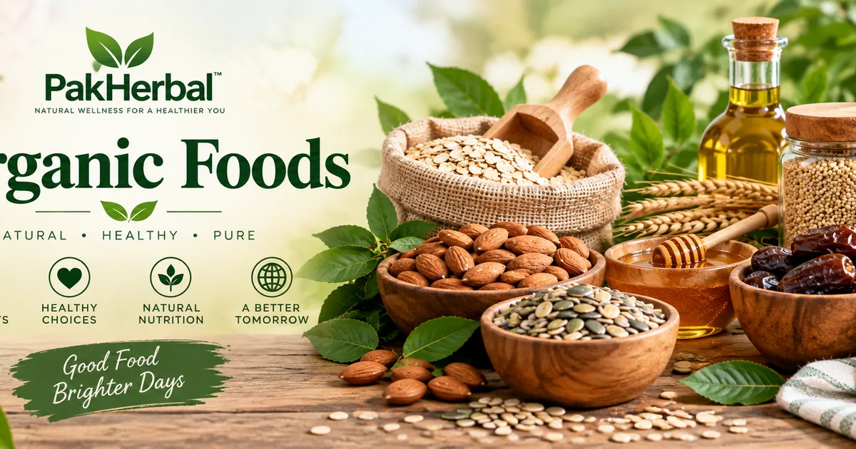 Organic Foods banner with oats, almonds, seeds, honey, dates and natural ingredients