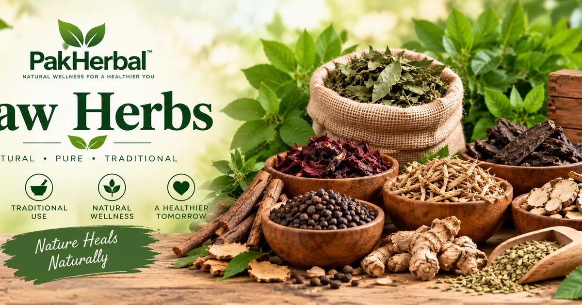 Raw Herbs banner with dried leaves, roots, seeds, bark and traditional herbal ingredients