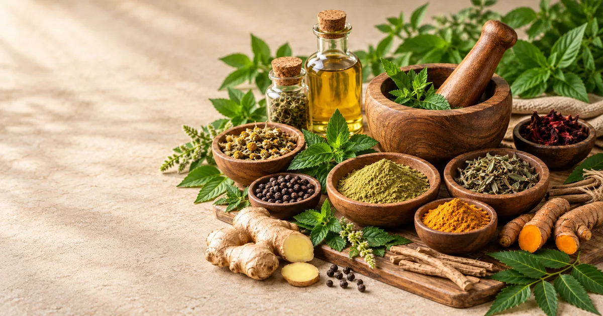 Health Remedies banner with natural herbs, ginger, turmeric and herbal oil