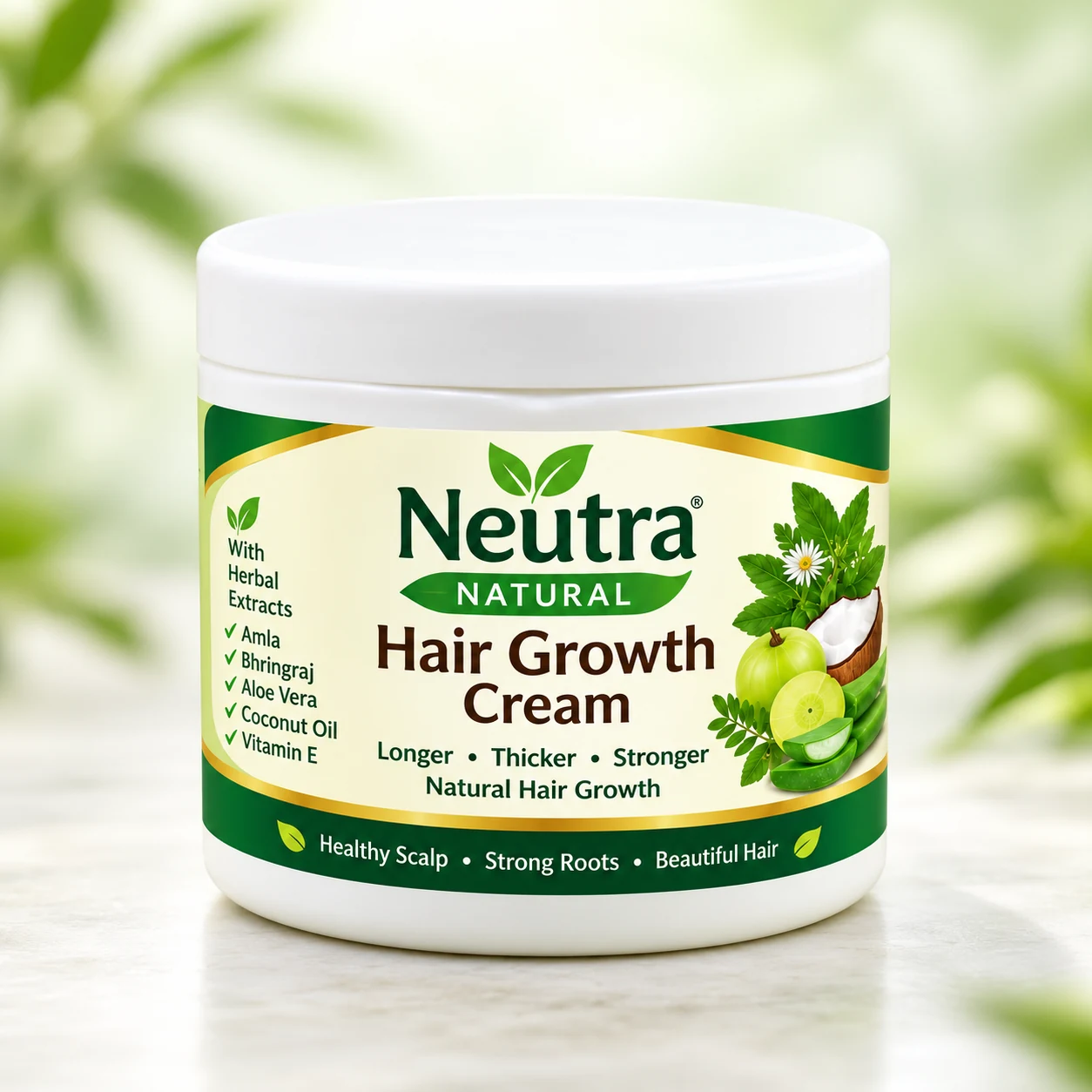 Neutra Natural Hair Growth Cream jar with Amla, Bhringraj, Aloe Vera, Coconut Oil and Vitamin E